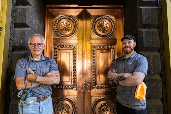  Copper Doctors founder Brian James with employee Paul Martini at Melbourne Town Hall.