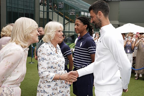Queen Camilla wishing Novak Djokovic luck before his Wimbledon quarter-final match.