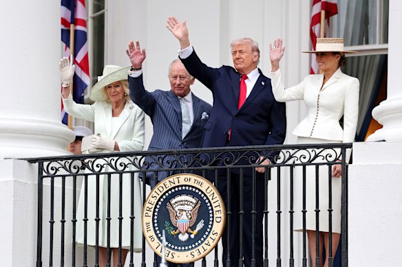 Queen Camilla, King Charles III and Donald and Melania Trump wave from the South Portico at the end of the welcome ceremony.