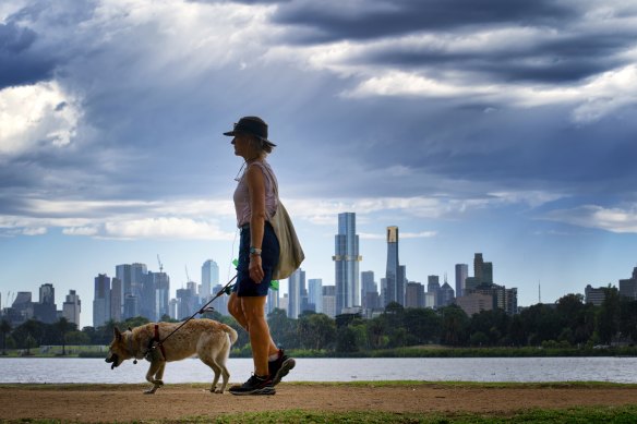 A woman and a dog walk around Albert Park in the warm weather last week.
