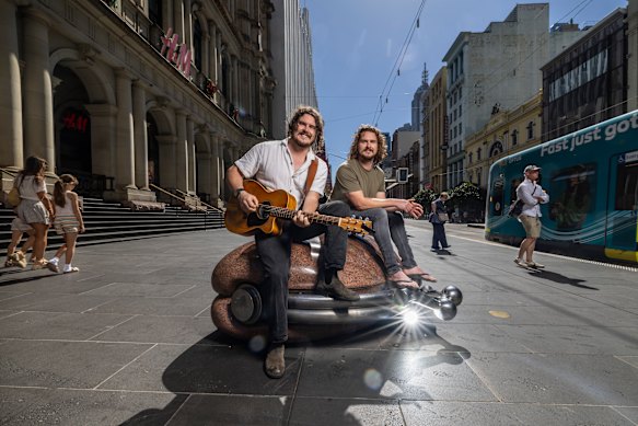 Twins Pat (left) and Jack Pierce – aka The Pierce Brothers – first attracted attention busking near Bourke Street Mall. They’re now a global touring act with two ARIA #1 albums to their name.