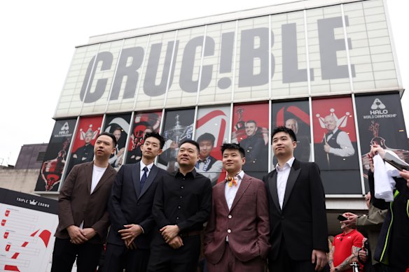 Chinese snooker stars (L-R) Xiao Guodong, Wu Yize, Ding Junhui, Zhao Xintong and Si Jiahui pose for a photo during the World Snooker Championship media day at The Crucible Theatre. 