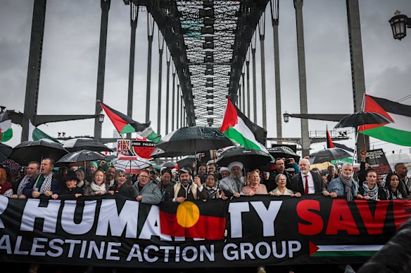 Pro-Palestine protesters march across the Sydney Harbour Bridge on August 3.