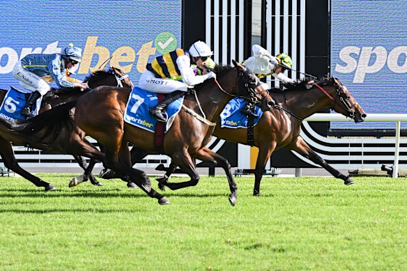 Jordan Childs wins on Wings Of Desire at Caulfield Heath on November 12.