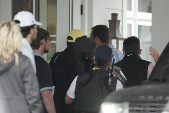 Scottie Scheffler arrives for the second round of the PGA Championship golf tournament at the Valhalla Golf Club after being taken into custody by the Louisville police department.
