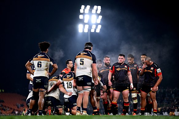 Brodie McAlister of the Chiefs looks on as a scrum is formed.