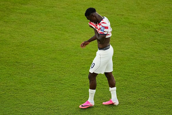 United States’ Folarin Balogun walks off the field after receiving a red card last week.
