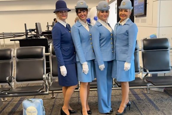Cabin crew were clad in classic Pan Am uniform of pastel-blue jackets and hats.