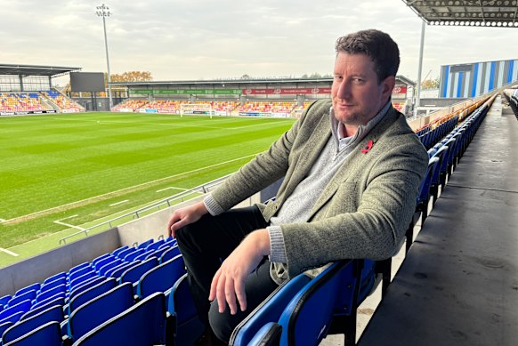 York Knights owner Clint Goodchild sits in the grandstand at the 8000-seat LNER Community Stadium in York.
