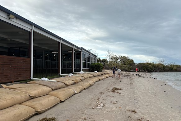Sandbags outside the Caloundra Power Boat Club, where Golden Beach was eroded Cyclone Alfred.