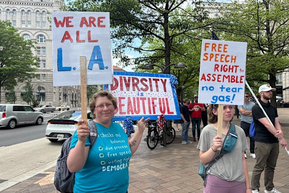 Lisa Blyth, left, attended a protest in Washington, DC, calling for the release of union leader David Huerta, who was arrested in Los Angeles.