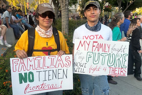 Diego Castro, 19, and his sister Mia, 22, from Fresno in California attended a vigil for immigrants in central Los Angeles.