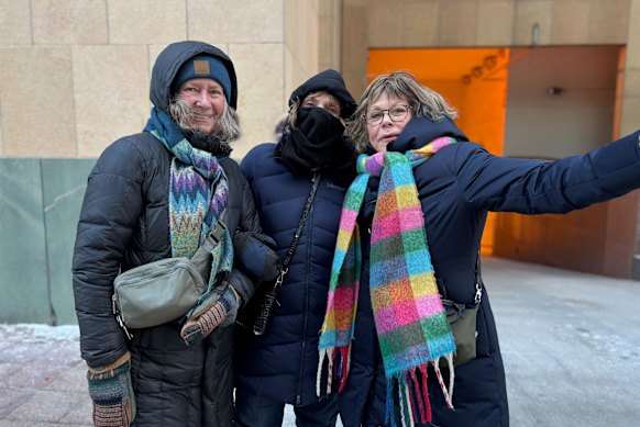 “We’re three old, retired, white ladies”: Carolyn Pare, right, at an anti-ICE protest march the day after Pretti’s death.