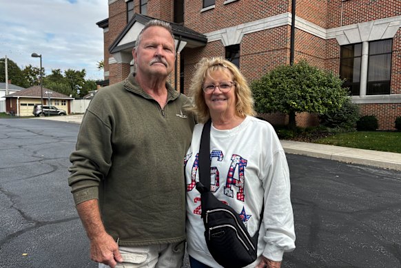 “I’m sure it will be a close race because of the indoctrination of the young people,” says Susan Rinehart, 72, with her husband Bruce.