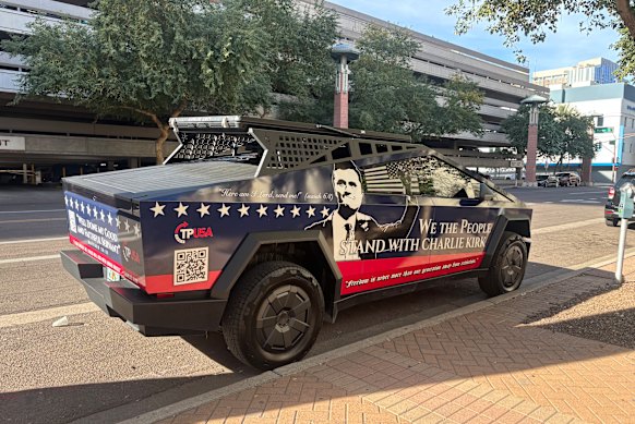 A Tesla Cybertruck in Phoenix, Arizona painted in support of Charlie Kirk, the Turning Point USA founder who was assassinated last year.