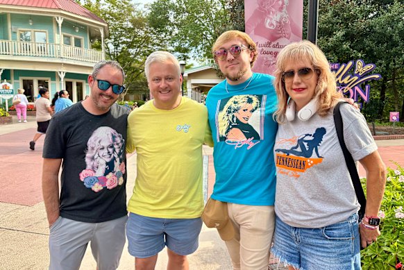 Dolly Parton superfans Cody Dobbs, Jonathan Brashier, Aaron Hamby and Sabrina Taylor at Dollywood after the country music legend’s death.