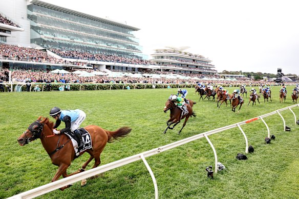 The finish of the 2025 Melbourne Cup at Flemington, won by Half Yours.