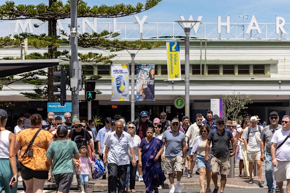 More than 1000 pedestrians can wait for the lights to change at the Manly Ferry Wharf.