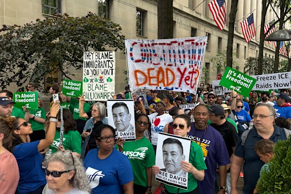 Union members protest in Washington, DC, calling for the release of union leader David Huerta, who was arrested in Los Angeles on Friday.
