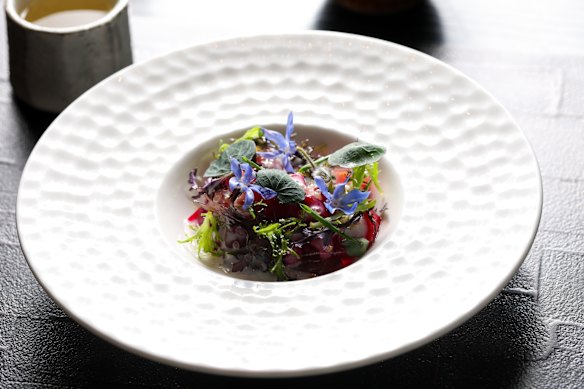 Otsukiri of bluefin tuna, beetroot, buttermilk and finger lime.