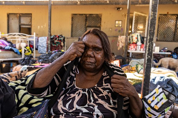 Grandmother Peggy Rockman Granites cries as she remembers her granddaughter Kumanjayi Little Baby at the Old Timers Camp, Alice Springs.