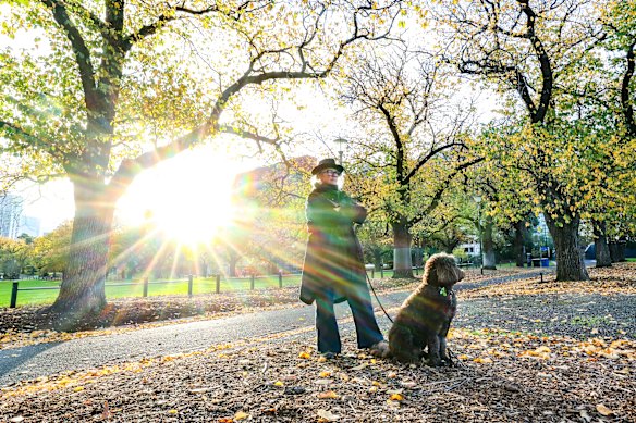 Elisabeth Vodicka and her labradoodle Rock Hudson. Vodicka has concerns that the MCC master plan amounts to the privatisation of Yarra Park.