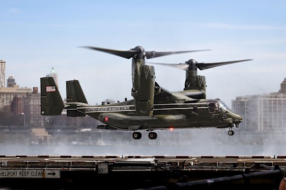A US Marine Osprey lands in New York.