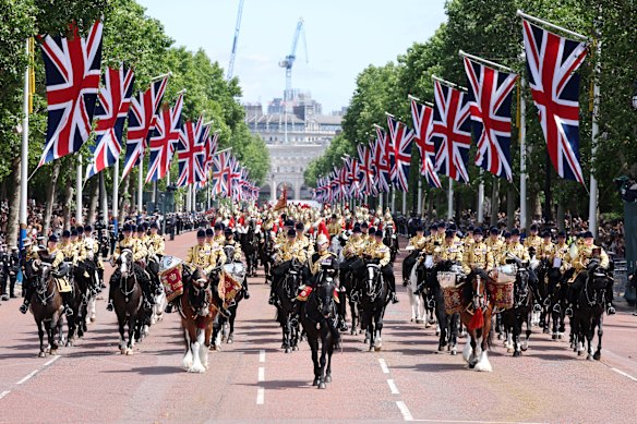 The Mounted Band of the Household Cavalry parade down The Mall during Trooping The Colour in London.