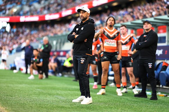Wests Tigers coach Benji Marshall looks on from the sideline.