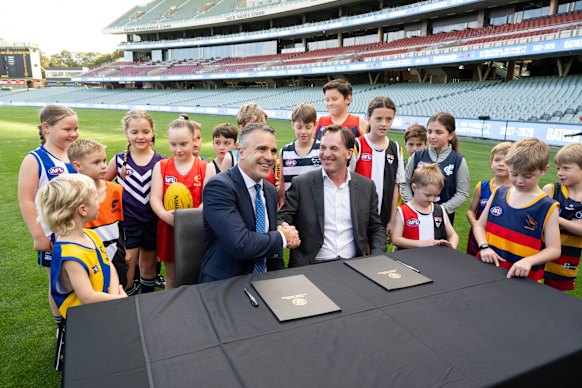 AFL CEO Andrew Dillon and Malinauskas announce a renewed partnership to keep the AFL Gather Round in South Australia until at least 2029.