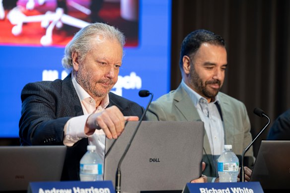 WiseTech co-founder and current executive chairman, Richard White, and his chief executive Zubin Appoo at the company’s AGM on Friday. 