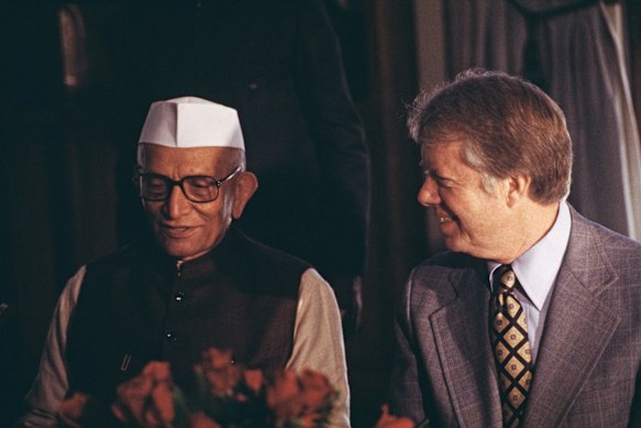 Former president Jimmy Carter speaks to then-Indian prime minister Morarji Desai during a visit to Delhi in 1978.