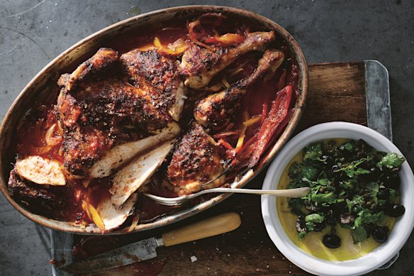 Crisp-skinned chicken meets robustly flavoured vegies and a piquant salsa in this cacciatore remix.