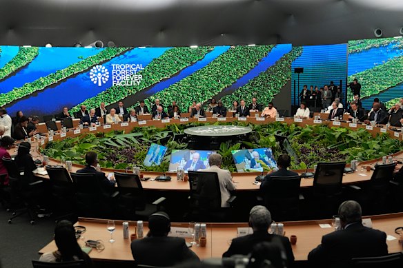 Brazil’s President Luiz Inacio Lula da Silva speaks during a roundtable at COP30.