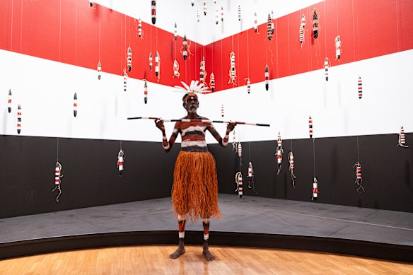Alair Pambegan with his installation dramatising the fate of two men who butchered a flying fox colony.