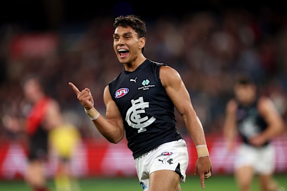 Jesse Motlop celebrates kicking a goal for the Blues.