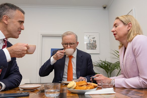 Prime Minister Anthony Albanese on the campaign trail In Adelaide visiting Nathaniel’s Coffee and Panini, joined by Premier Peter Malinauskas and Labor candidate for Sturt Claire Clutterham.
