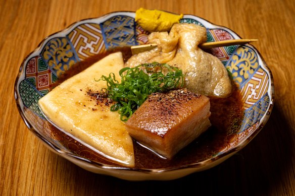 Diners can customise their oden and add three items, such as (clockwise from left) fish cake, mochi kinchaku (a sack of tofu) and pork belly.