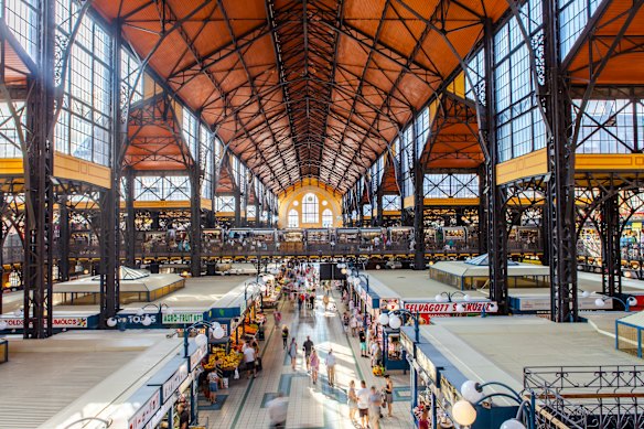 The beautifully restored, neo-Gothic Central Market Hall is the largest of its kind in Budapest, Hungary.