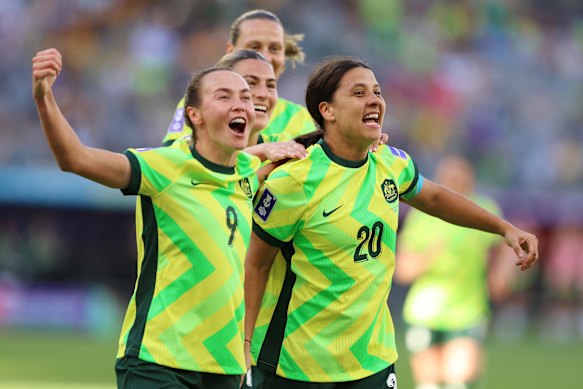 Caitlin Foord, Sam Kerr and the Matildas celebrate another goal on their way to the Women’s Asian Cup final.
