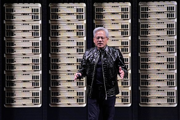 Nvidia founder Jensen Huang as he introduced the Vera Rubin AI super computing platform during a news conference. 