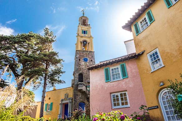 The iconic, colourful Bell Tower (Campanile) in Portmeirion.