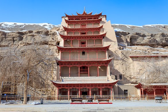 The nine-story temple carved into the Mogao Caves in Dunhuang, China.