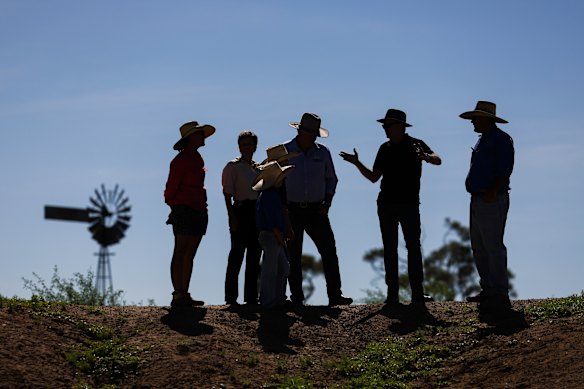 Prime Minister Anthony Albanese (second from right) during a visit to a sheep farm in Longreach.
