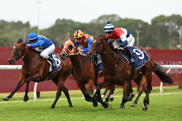 Mortal Halo and Reece Jones come down the outside to win at Rosehill on December 7.