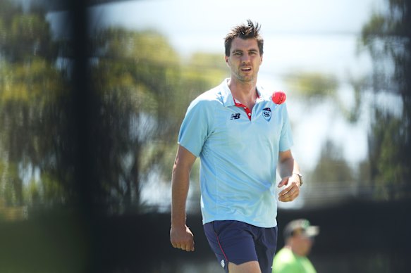 Pat Cummins bowls with a pink ball, a potential pointer to the day-night Test in Brisbane.