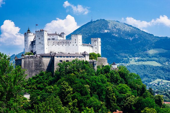 Hohensalzburg Castle in Salzburg, Austria, can be  easily reached via a steep funicular from the city’s old town.