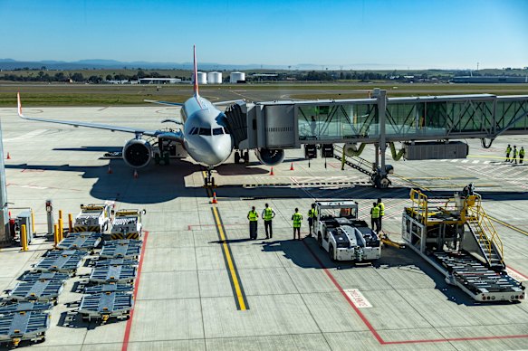 The Jetstar A320 landed safely at Western Sydney International on Tuesday.