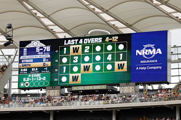 The Perth scoreboard during England’s second-innings collapse.