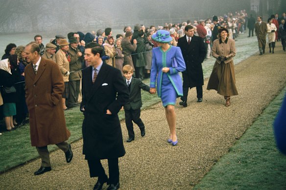 Prince Andrew and Sarah, then Duchess of York, at rear, join other members of the royal family for Christmas at Sandringham in 1991.